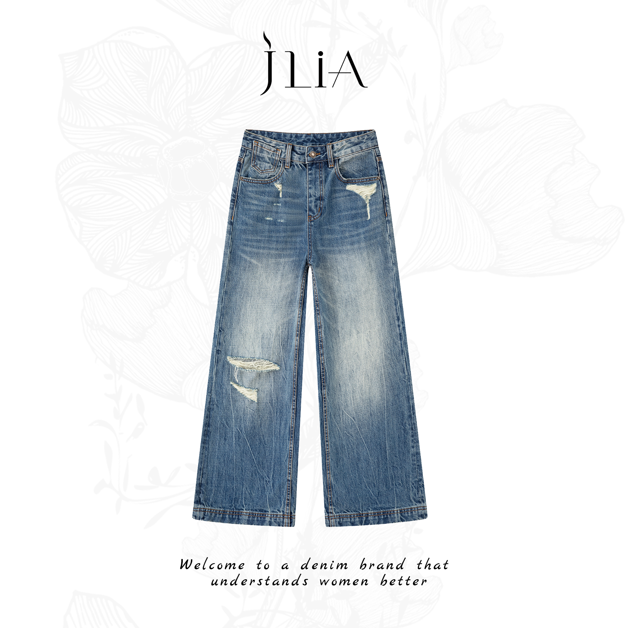 JLIA-1832【深海】扎花破洞显瘦直筒重工洗水牛仔裤