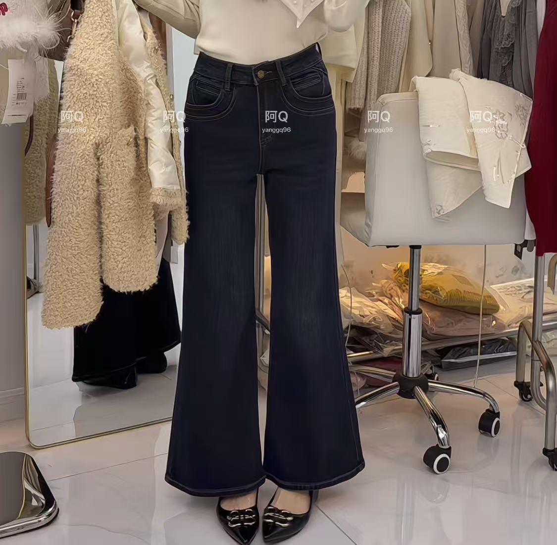 AQ实体发货՞•喇叭天花板•՞口袋不规则加薄绒高弹力牛仔裤#5653款