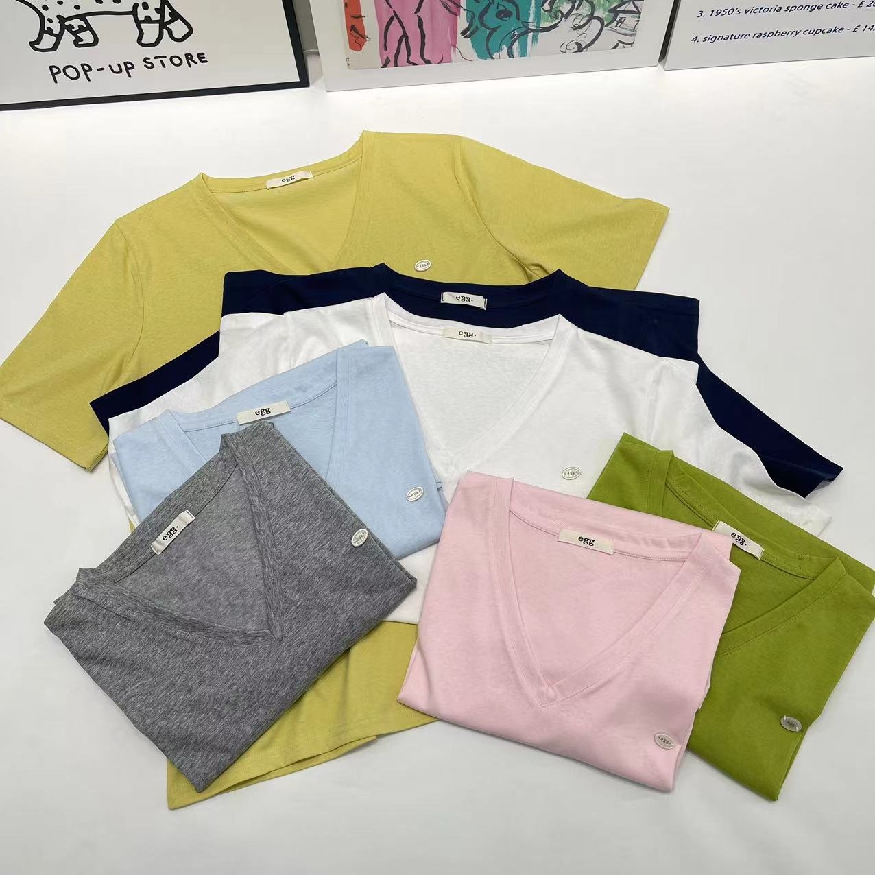 糖果色宽松休闲T恤薄款麻棉V领短袖抗皱极简宽松T恤