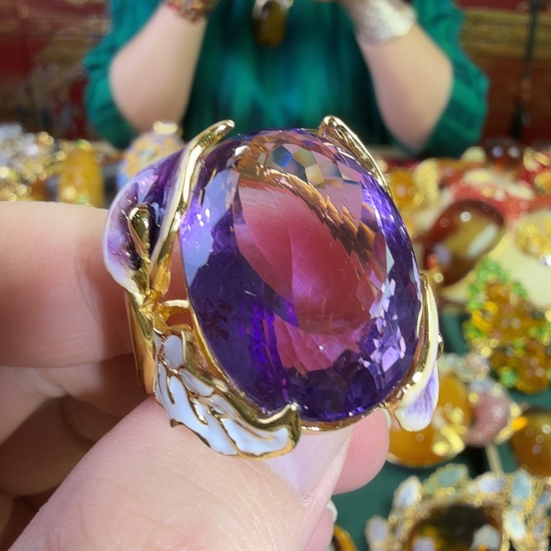 银S925镀金镶嵌紫晶颈饰戒指