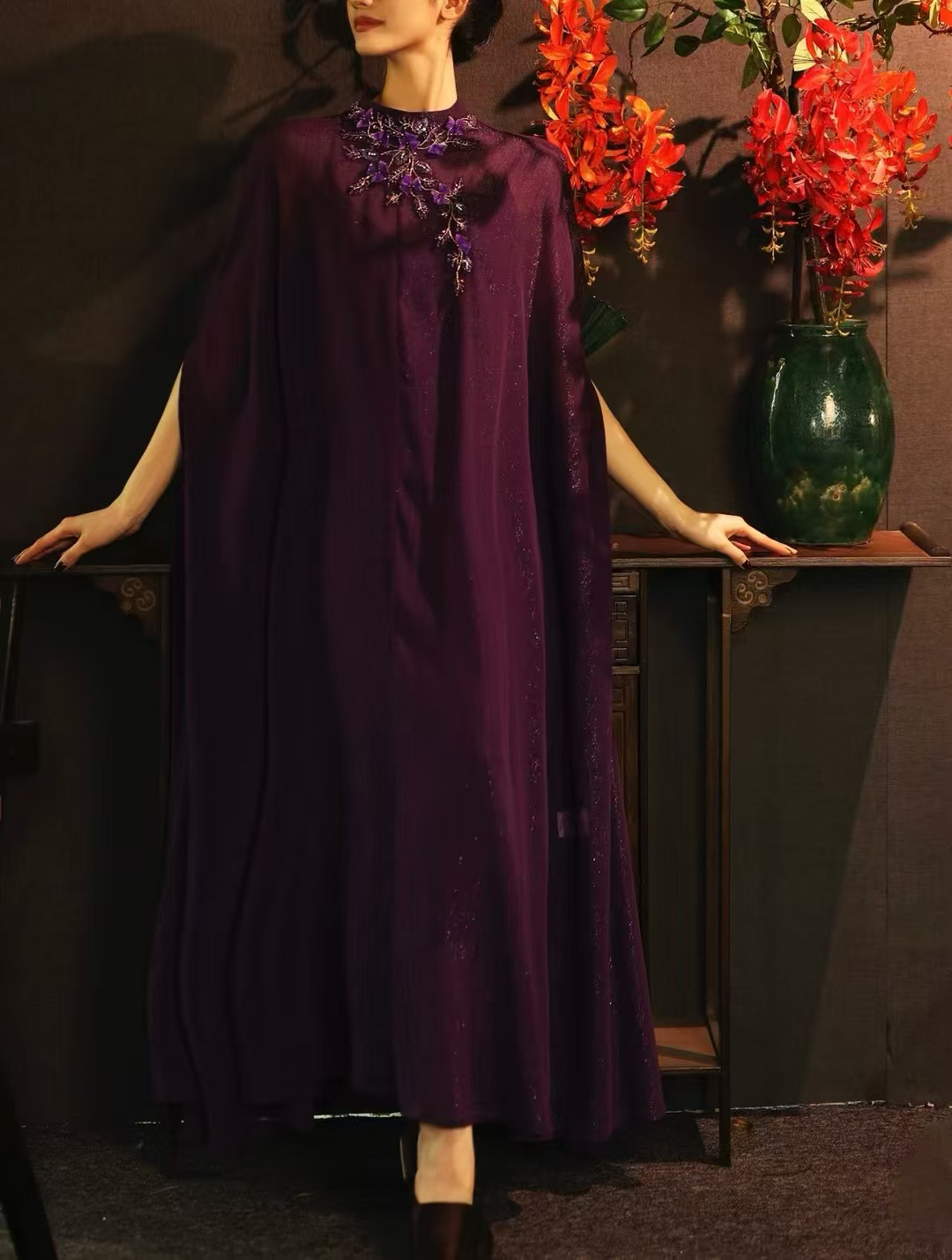 【李小姐】时尚设计师高定立领钉珠插肩袖长款国风连衣裙气质中国风