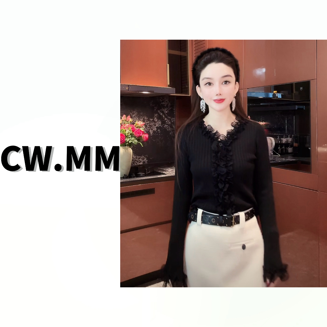 --CW.MM 小众法式蕾丝拼接修身洋气毛衣上衣