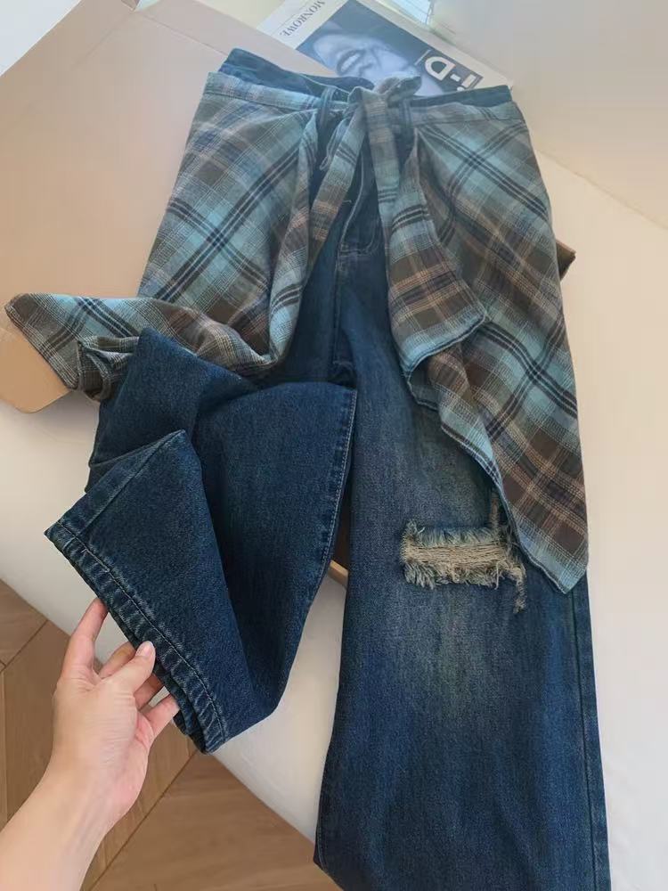 【现货】2025秋季可拆卸屁帘阔腿牛仔裤女高腰设计感破洞