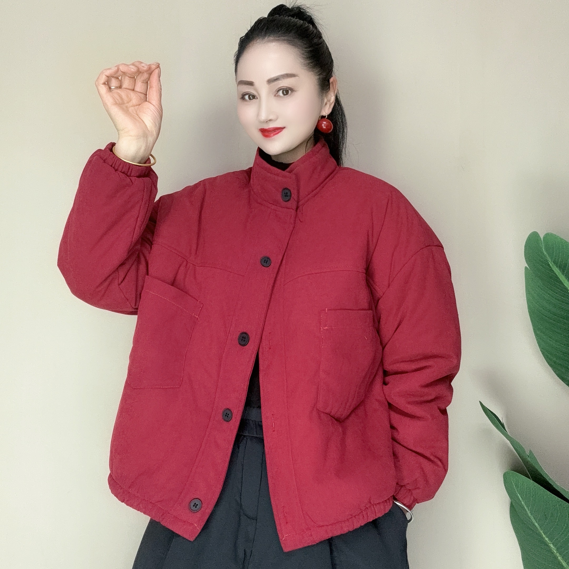 冬季女棉衣宽松大码保暖中式立领冬季休闲短款棉服女士上衣立领