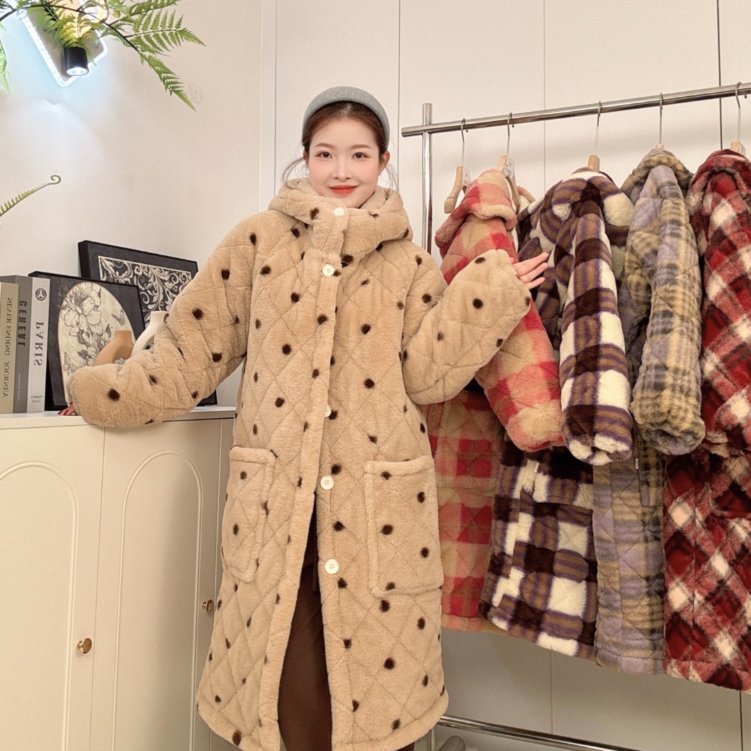 【特厚款-咖色波点】冬仿兔毛三层加棉加厚宽松家居服棉服保暖睡衣