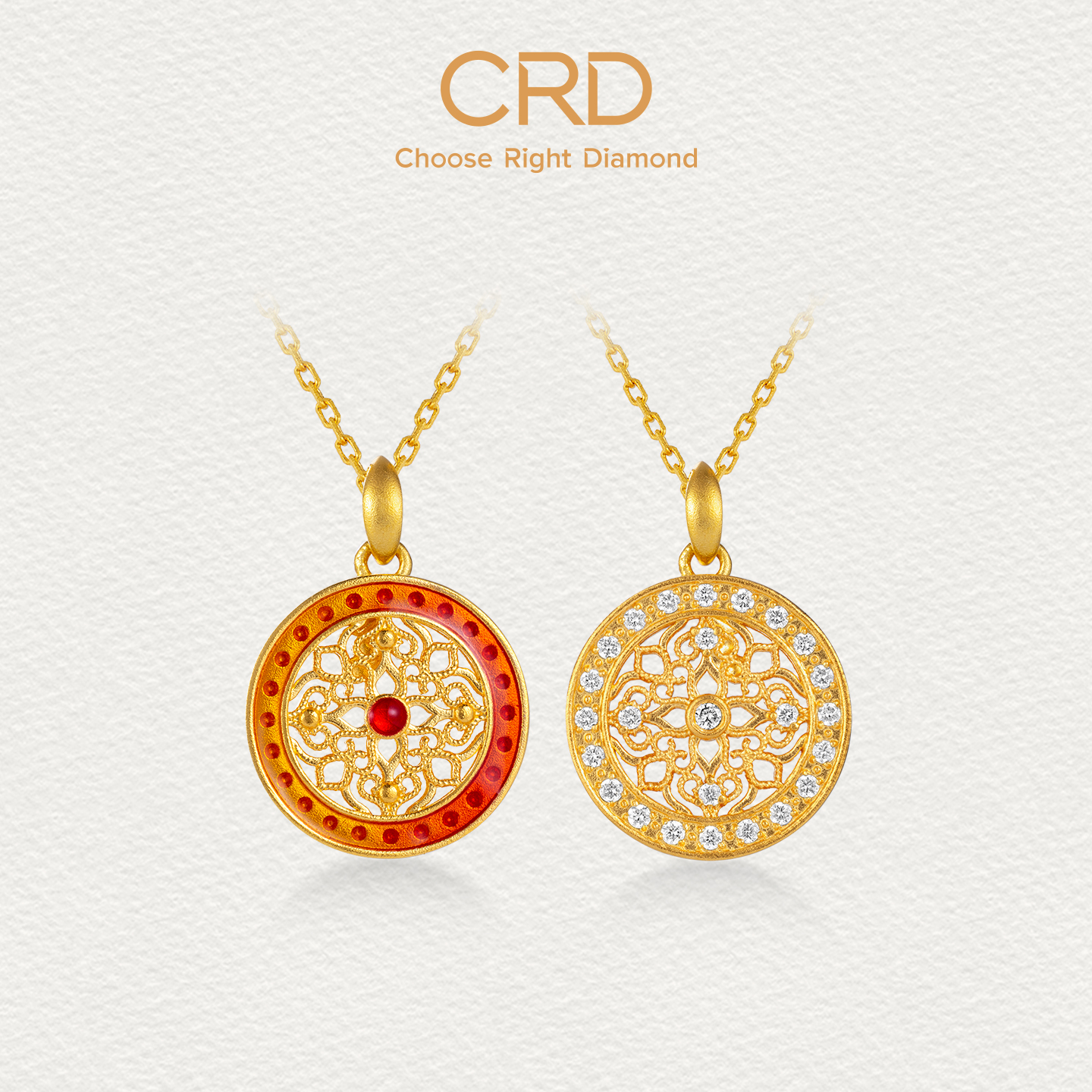 CRD克徕帝彩虹系列鎏彩足金套链黄金点钻工艺吊坠圆牌项链送礼