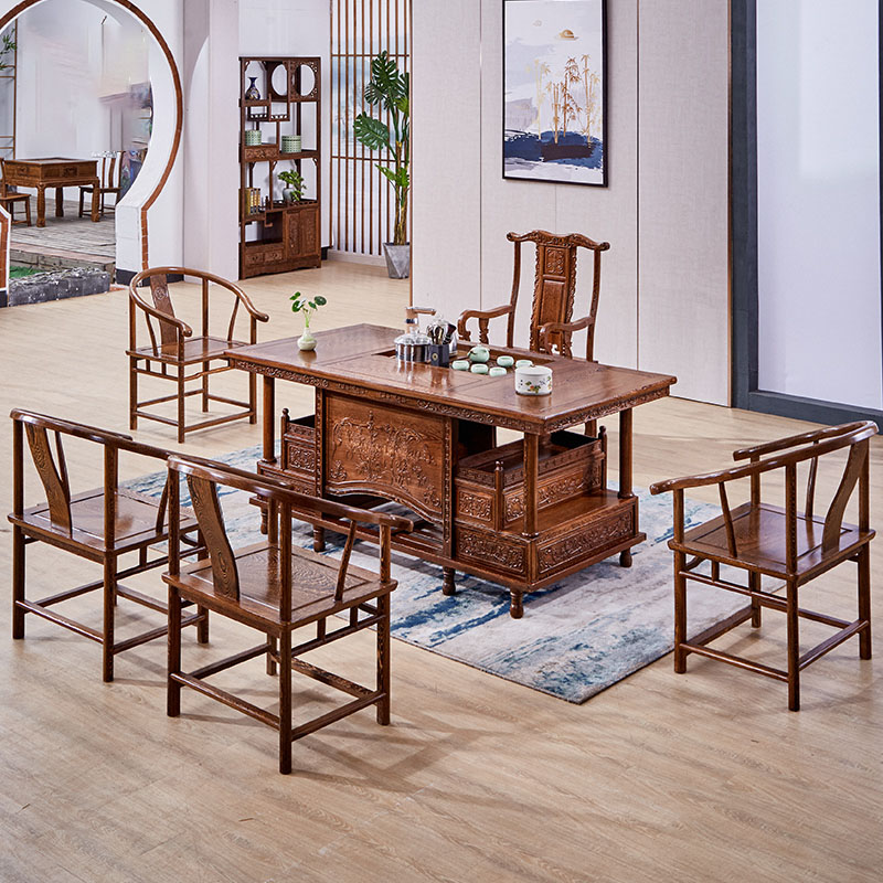 牡丹茶桌 鸡翅木茶台 小户型中式实木家用茶桌椅红木家具