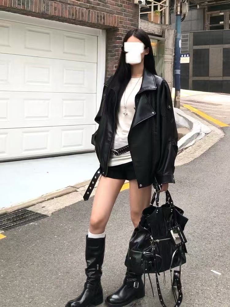 皮衣外套加长韩版女春秋新款美式机车服廓形高级感夹克AM25228
