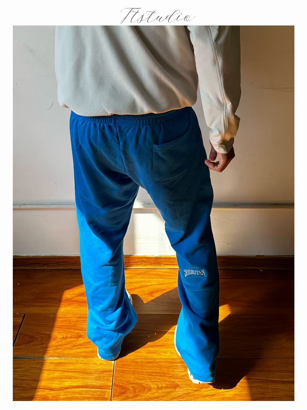 Ttstudio基础多巴胺雀蓝通勤毛圈纯棉弯刀版型直筒运动卫裤