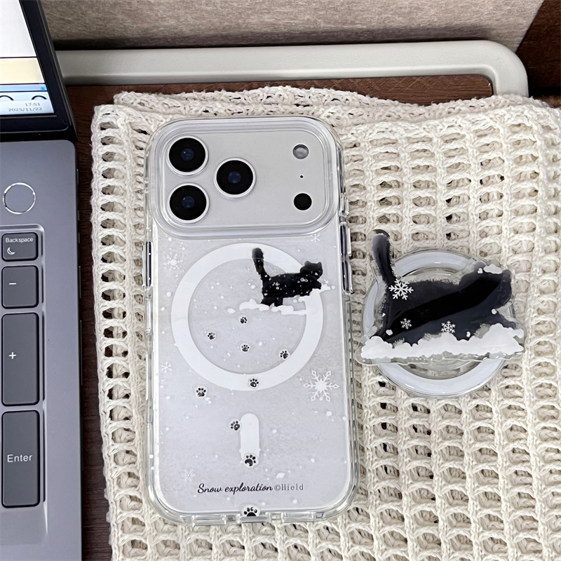 ins磁吸冬日雪花小黑猫支架适用16promax手机壳iPhone17苹果15/14