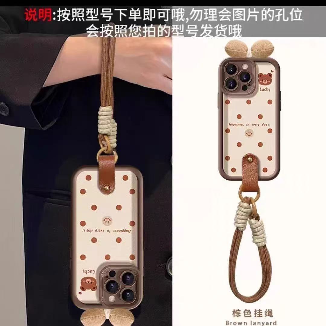 波点笑脸小熊适用iPhone17苹果16挂绳手机壳华为vivo防摔oppo小米