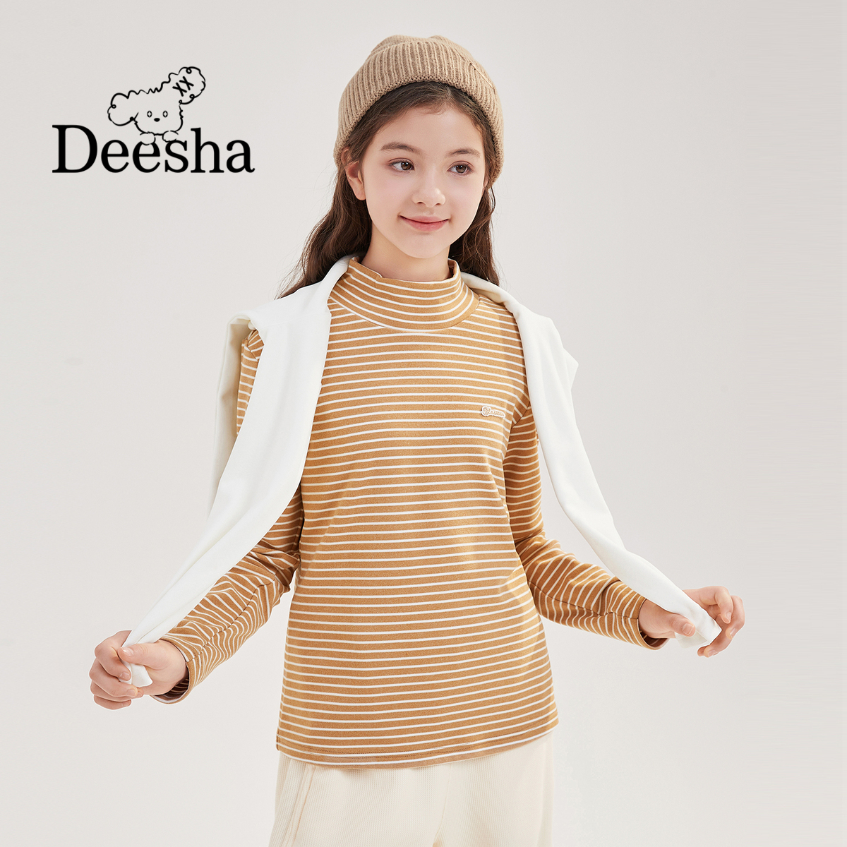 笛莎青少年女大童初高中生半高领条纹打底衫T恤上衣-Y32450701
