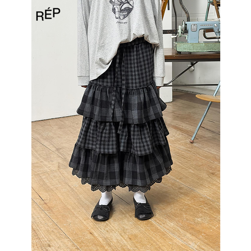 REP-OPEN YY设计师品牌黑色格纹褶皱层叠蛋糕裙 25FW女装秋冬新品