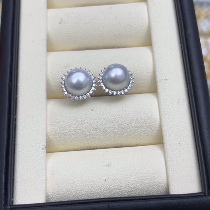 海水珍珠耳饰银S925镶嵌澳白太阳花耳饰9-10mm