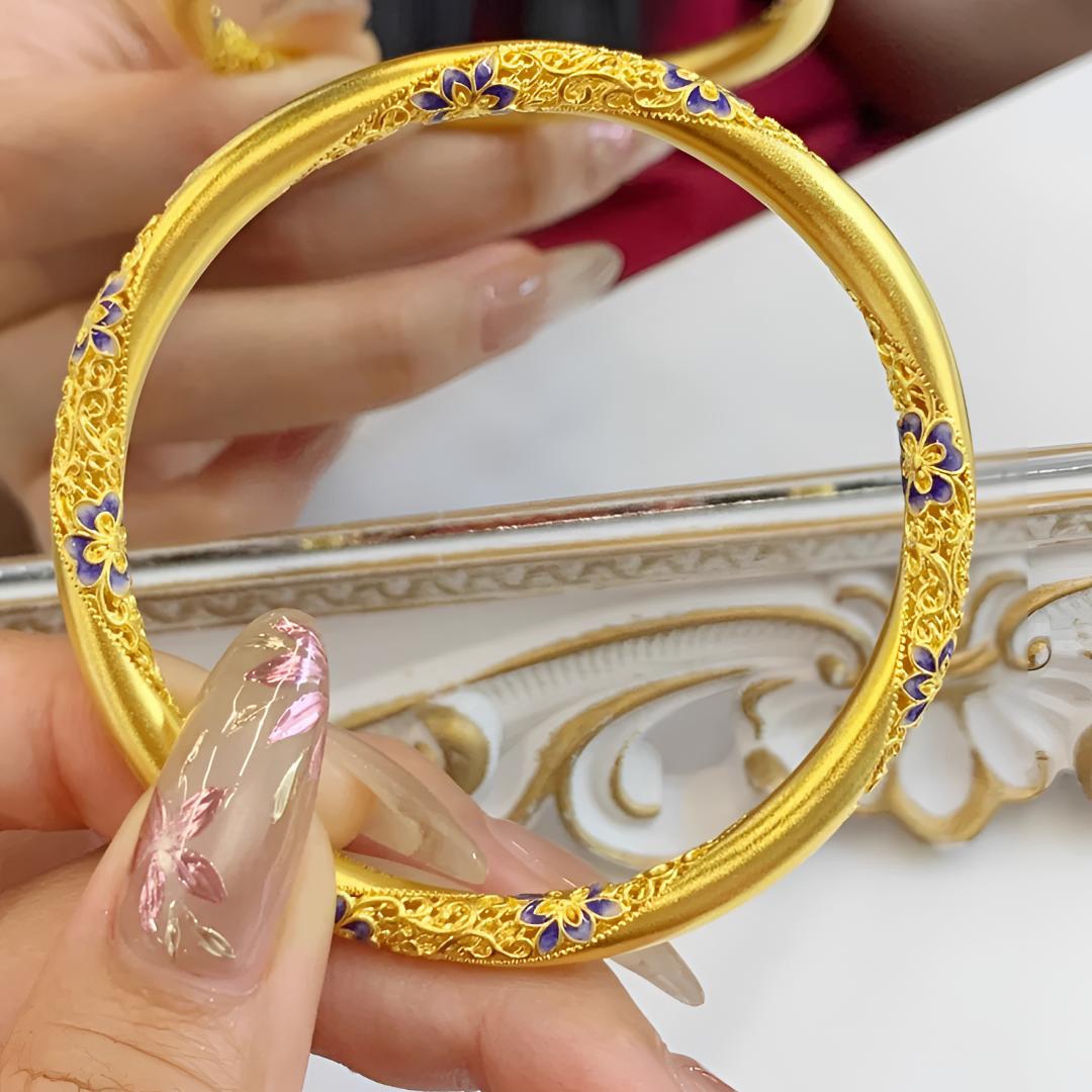 足银手镯 足银镀金青花瓷镂空古法莫比乌斯珐琅手镯兰花丝手环