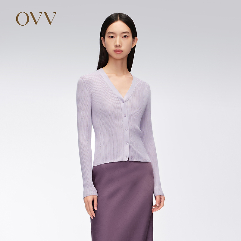 【艾钱钱专属】OVV春夏女装修身V领单排扣长袖针织衫GWZAJ14011A