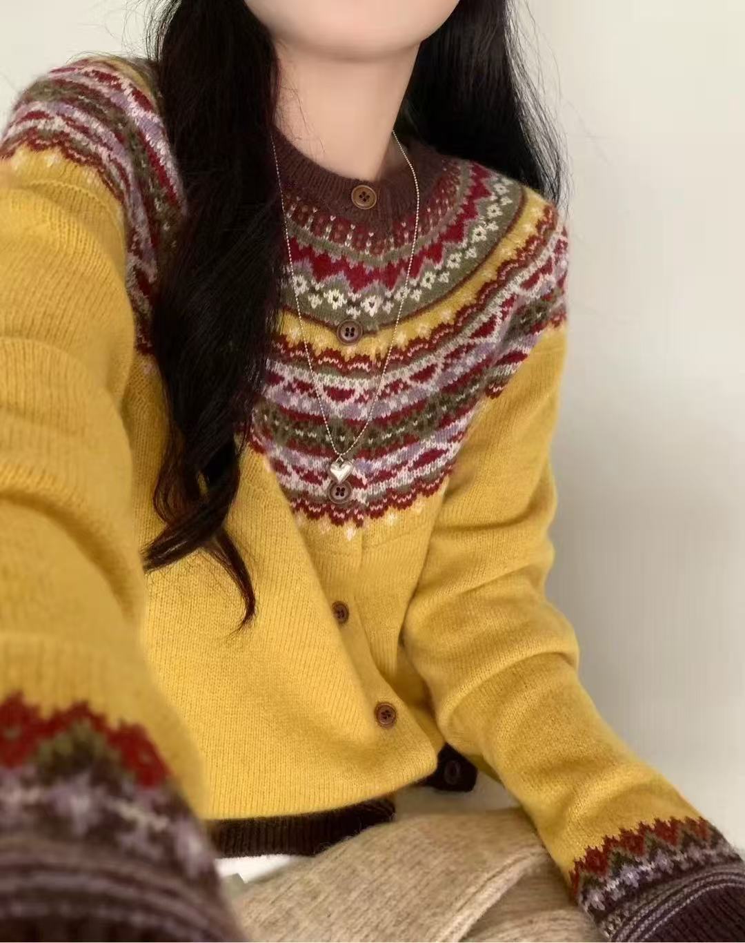 K2099 <枫糖松饼> 韩系百搭费尔岛显白针织开衫女