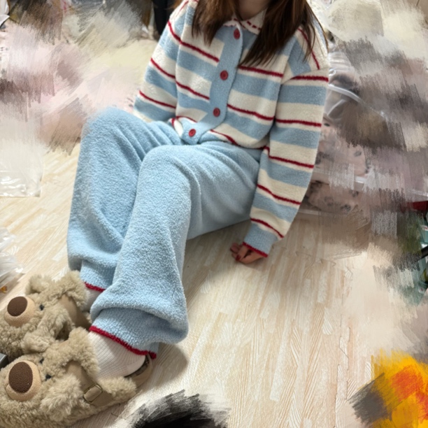 秋冬主播自留款半边绒秋冬保暖条纹翻领家居服套装