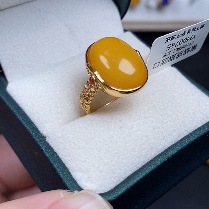 蜜蜡银S925镀金镶嵌戒指