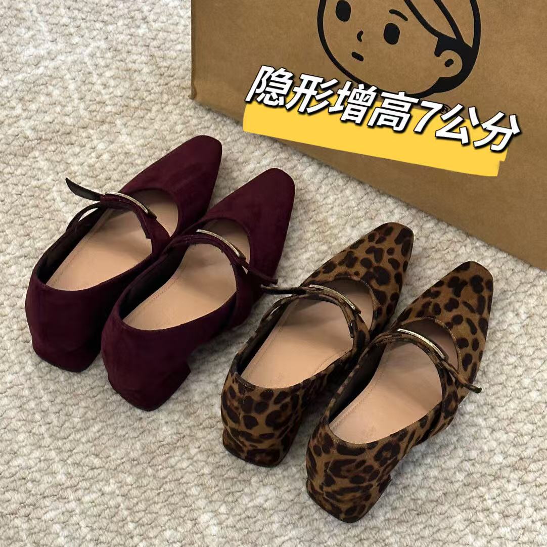 内增高7cm法式复古带玛丽珍鞋女软底气质百搭豹纹单鞋时尚休闲女
