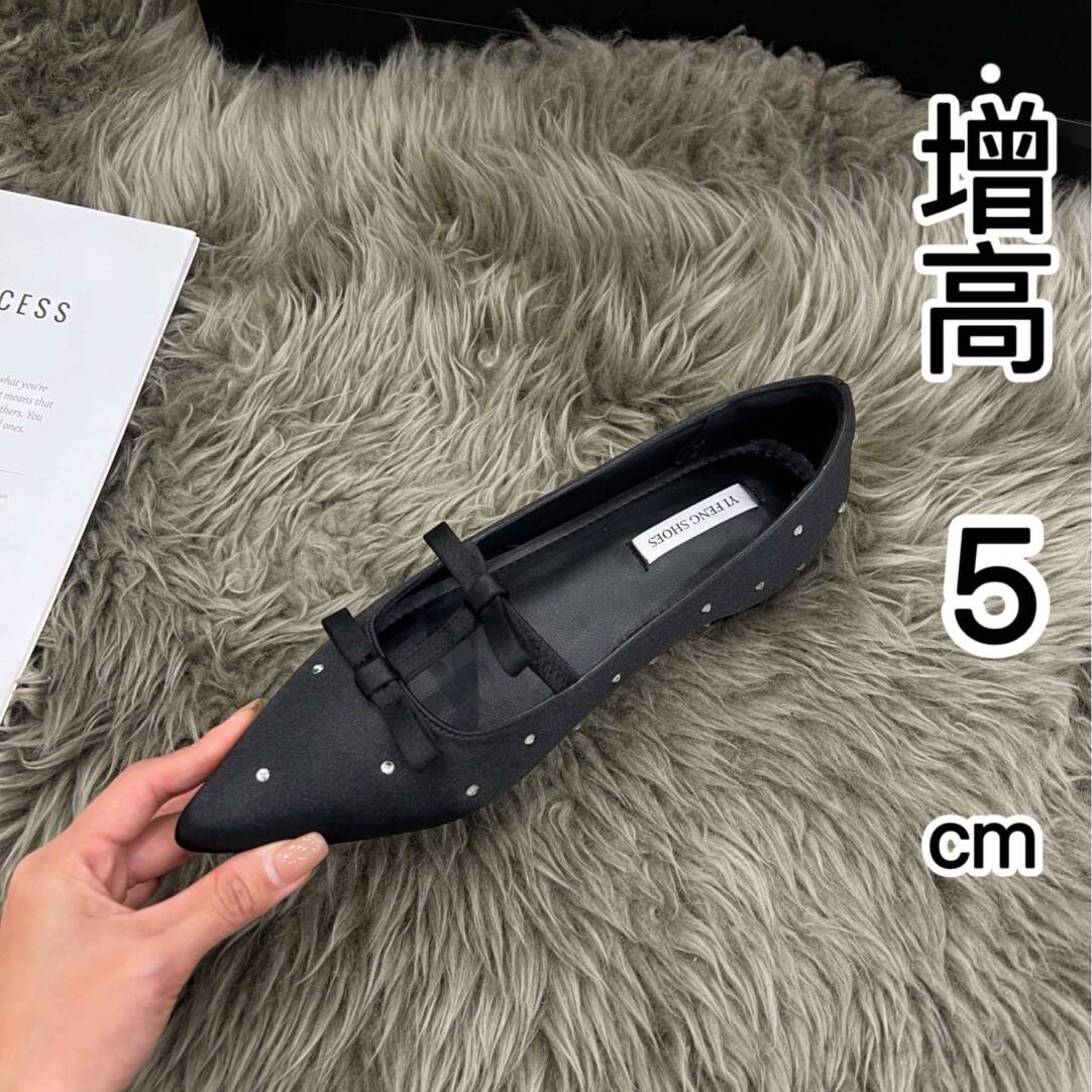 欧若风内增高鞋女2025新款黑色蝴蝶结气质名媛尖头平底单鞋水钻