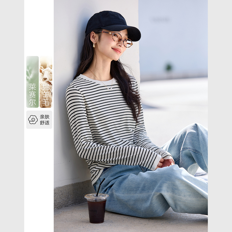 *含莱赛尔透气条纹T恤春夏款时尚休闲百搭上衣女A0185