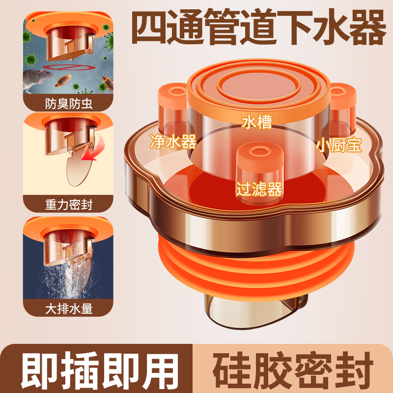 排水管厨房下水管四通防臭止水阀前置过滤器50/75通用分流器接头
