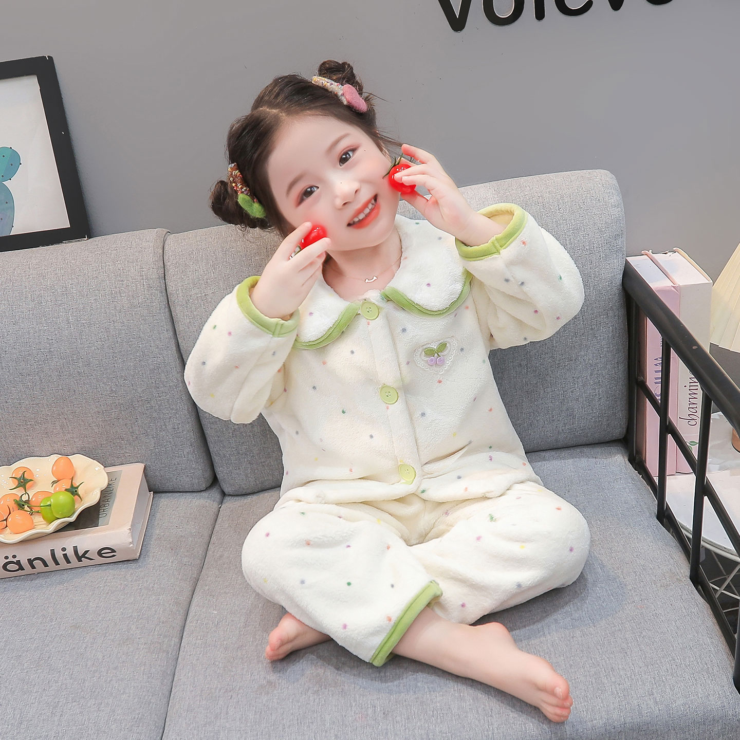 247 女童2025秋冬新品考拉绒开衫套装儿童家居服睡衣樱桃大翻领