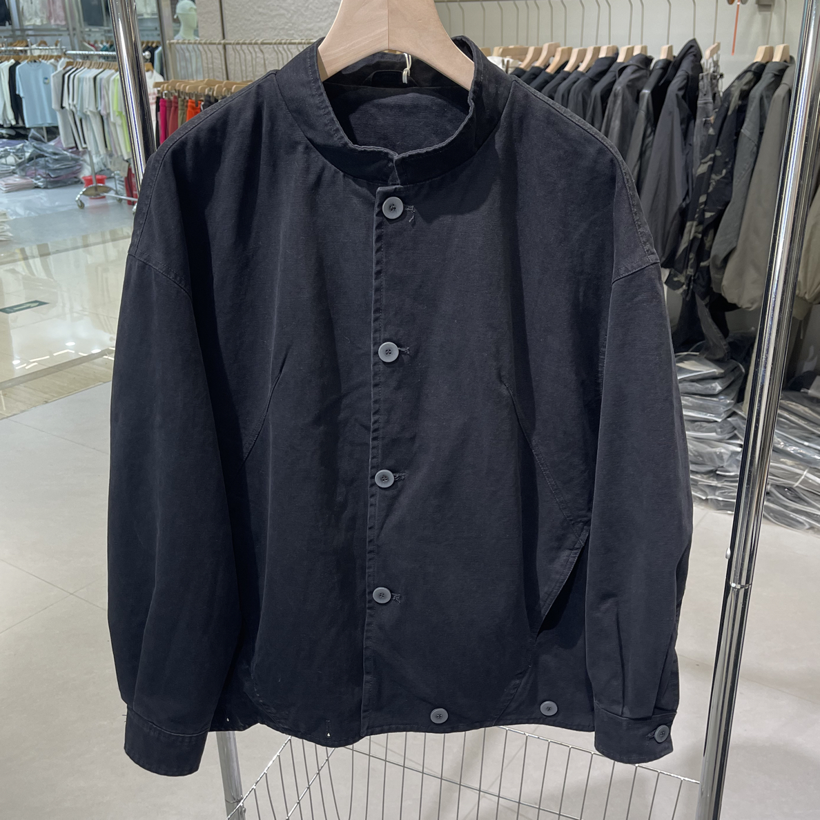 秋季新款潮牌宽松外套男士重磅纯棉水洗立领夹克美式复古纽扣上衣