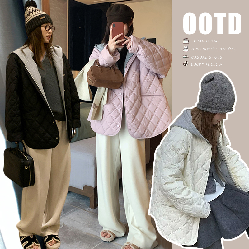 现 冬季新款假两件连帽领宽松菱格轻薄款棉服