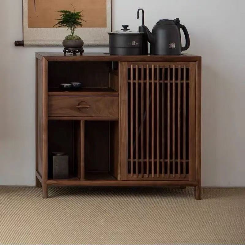 老榆木茶水柜胡桃木色新中式茶水台茶室柜实木茶水柜家用简易茶几