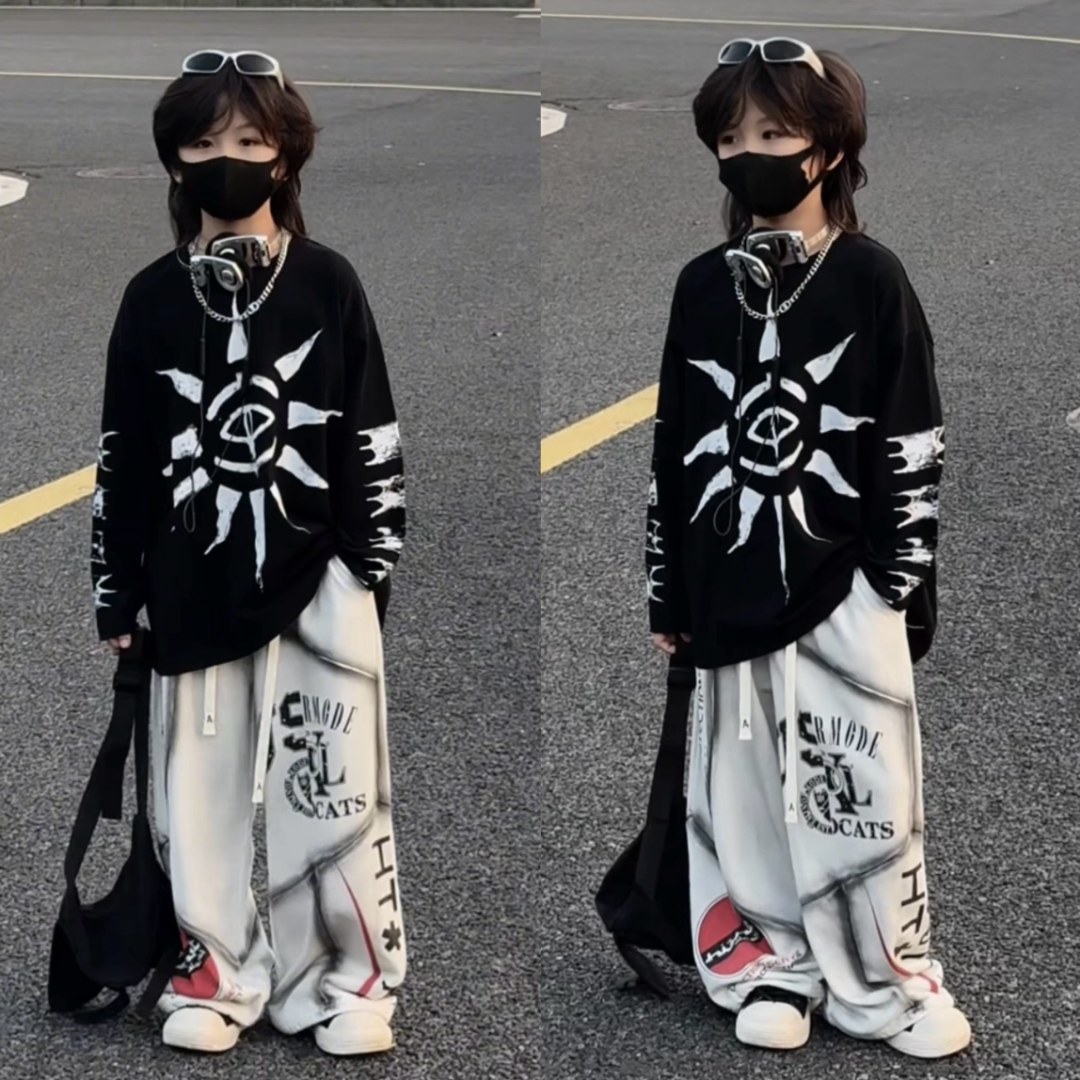 五乐乐家秋冬款儿童美式克苏鲁之眼印花长袖上衣宽松街头打底衫