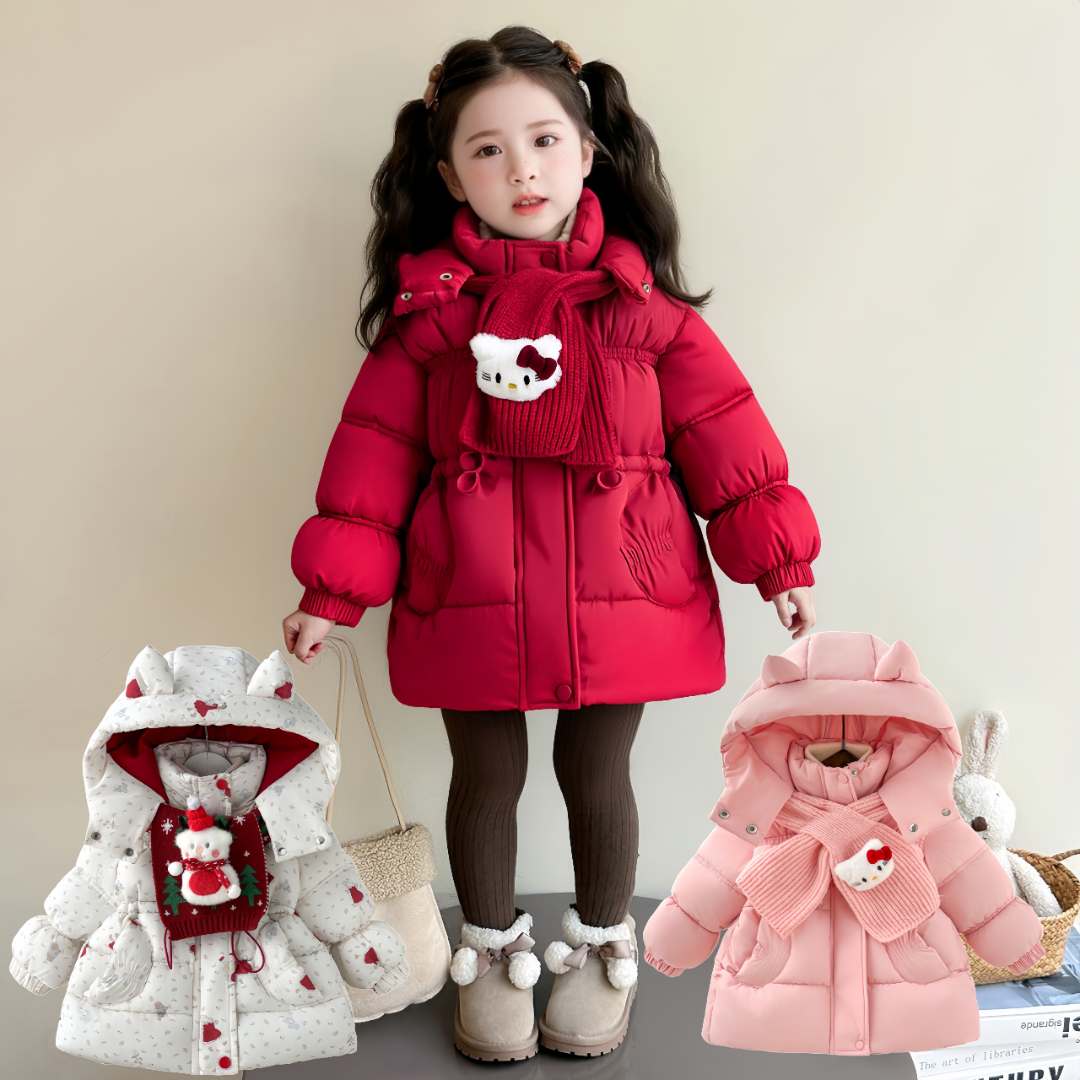加绒加厚款女宝女童中长款棉袄中国红女童棉服 卡通女孩棉衣外套
