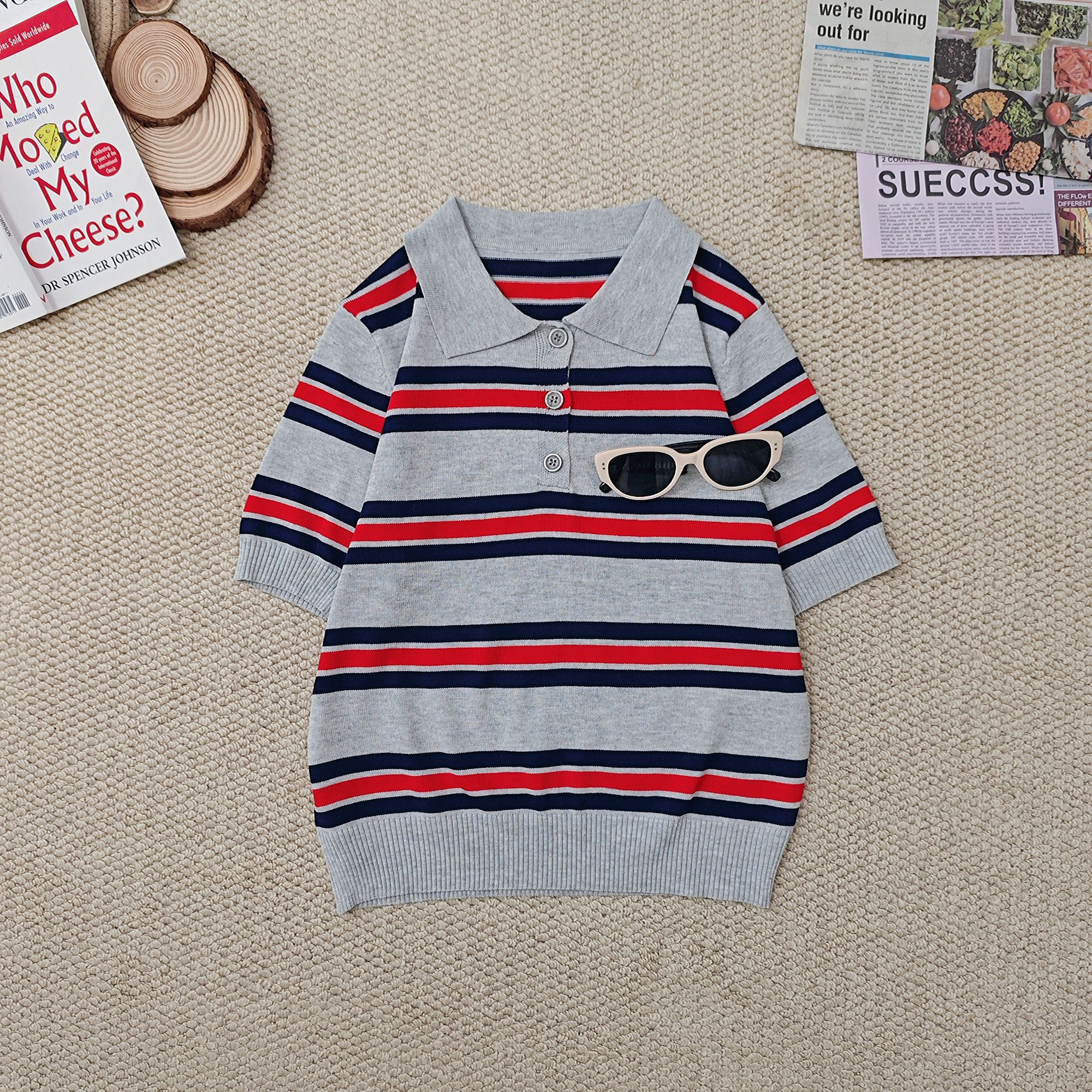 2025夏季新款宽松冰麻针织条纹polo领短袖T恤3073