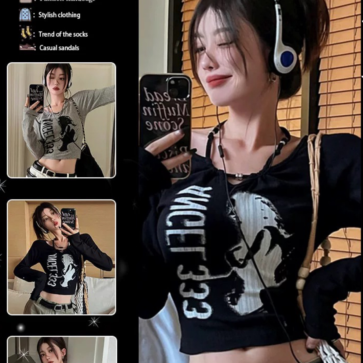 10-19拼接夏季纯色印花宽松型T恤辣妹短款抗皱长袖显瘦