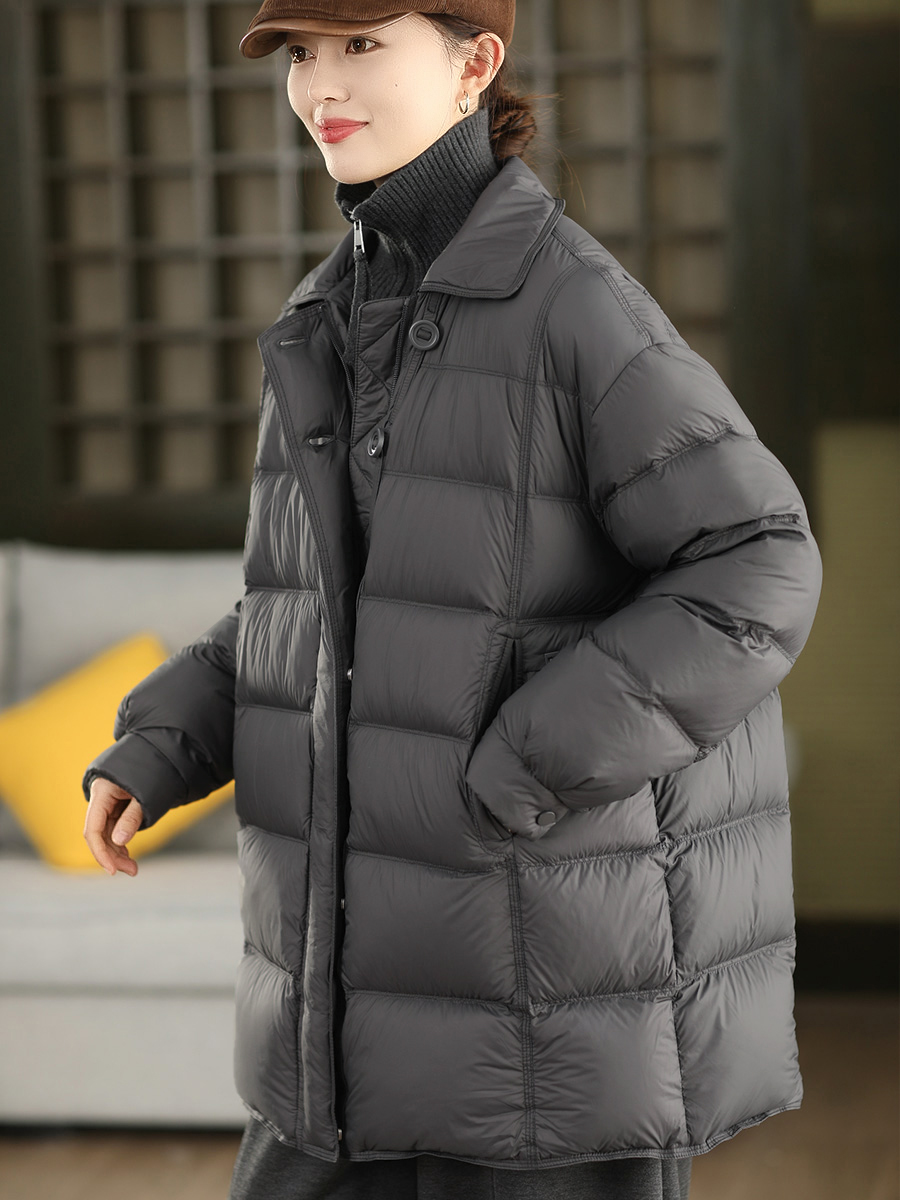 新款2025年女士冬季中长款羽绒服加厚蓬松保暖衬衫领白鸭绒外套