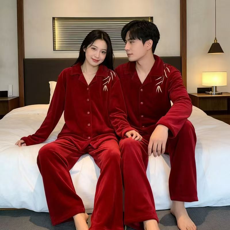 4538海岛绒情侣红色翻领睡衣冬季加厚情侣家居服睡衣