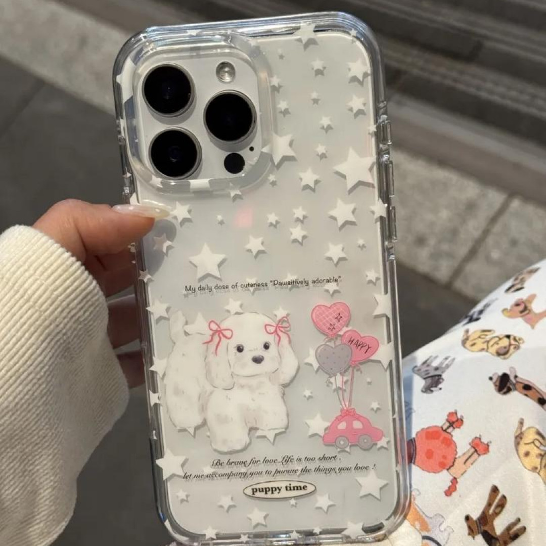 ins韩系透明星星小白狗适用于17pro/16promax手机壳苹果15/14/13