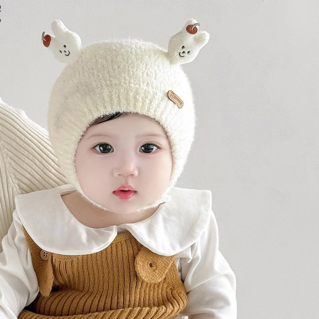 婴儿帽子秋冬季宝宝可爱毛绒帽婴幼儿外出加厚保暖毛线帽护耳冬季
