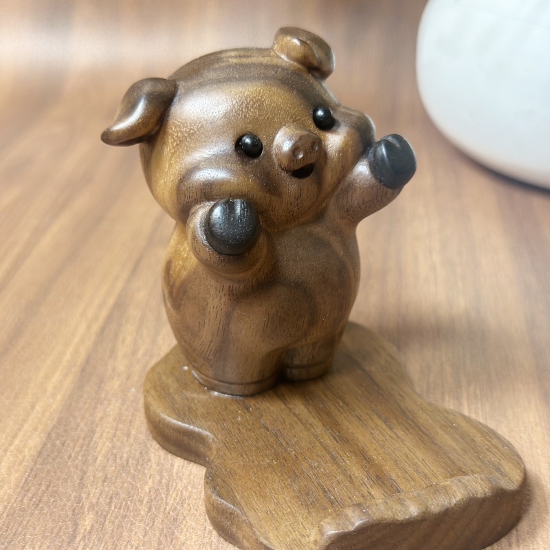 黑胡桃木小猪创意手机支架通用懒人手机支架床头办公桌实木摆件