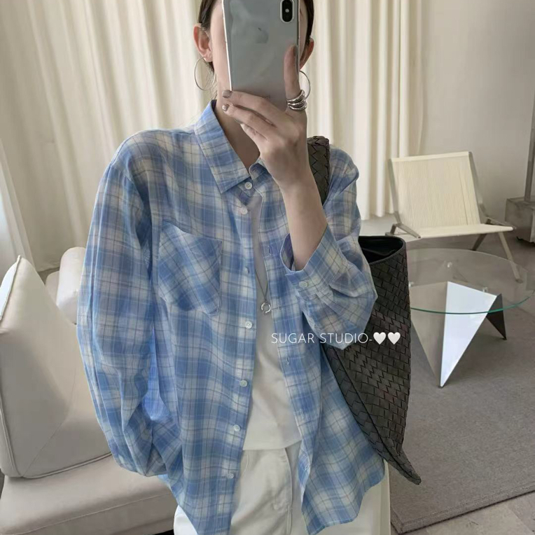 3044 早秋薄薄薄款格子穿搭衬衫