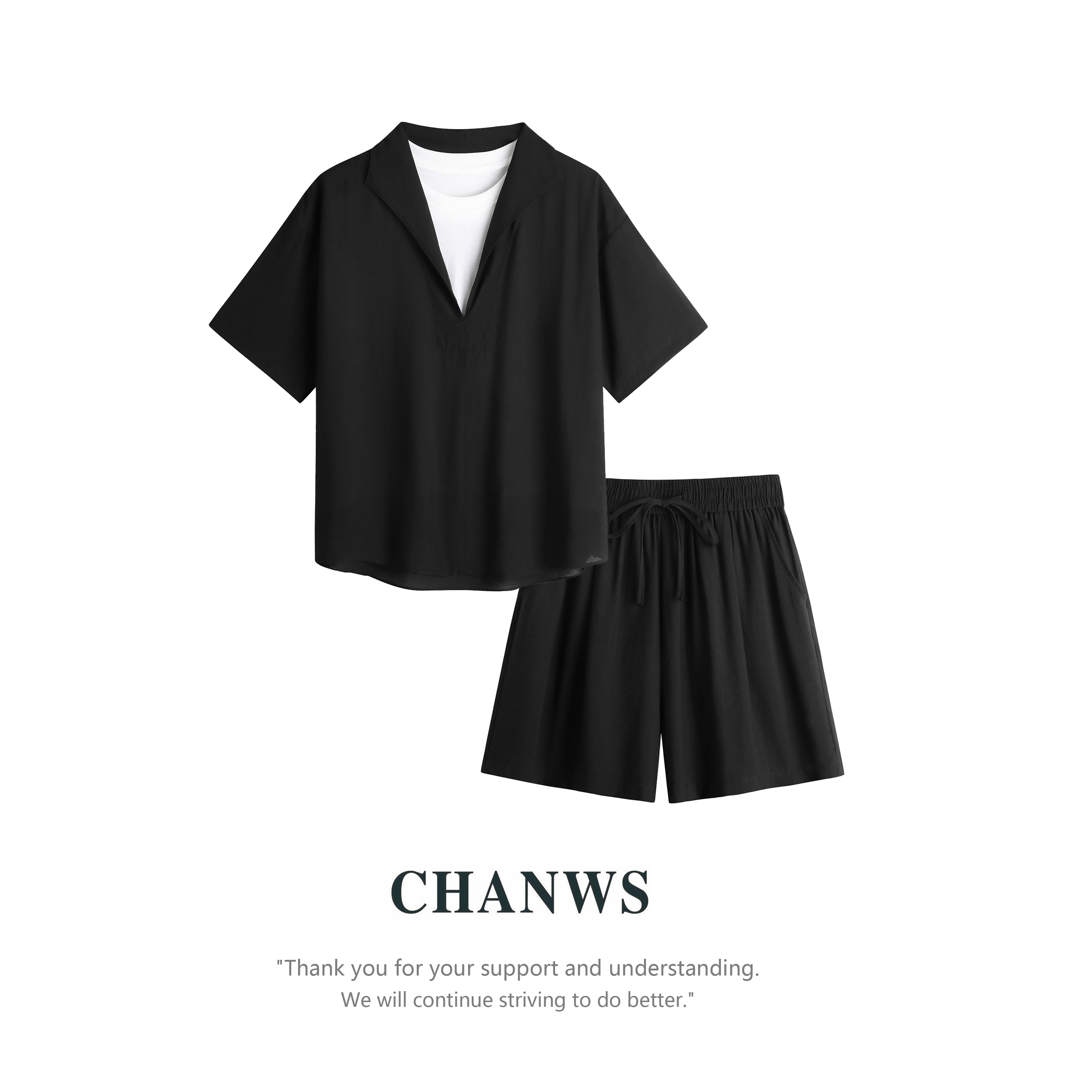 CHANWS 假两件老钱风亚麻套装男2025高级感衬衫短裤夏装8008