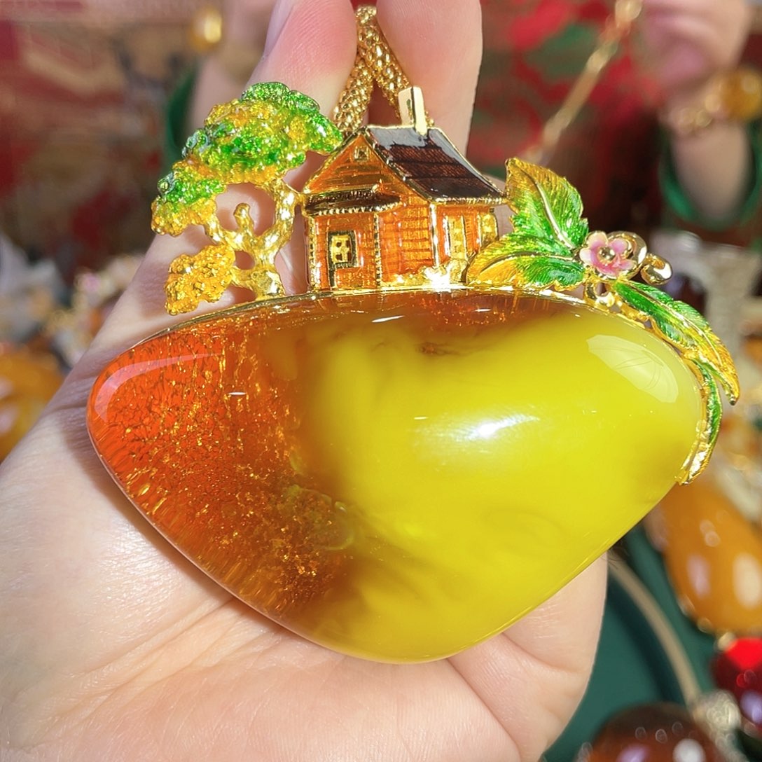 蜜蜡吊坠(赠链)银S925镀金镶嵌锦**花