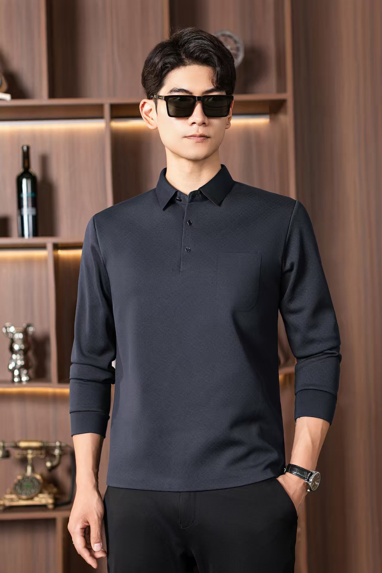 冬季翻领加绒无痕男士酷丝棉T恤25918