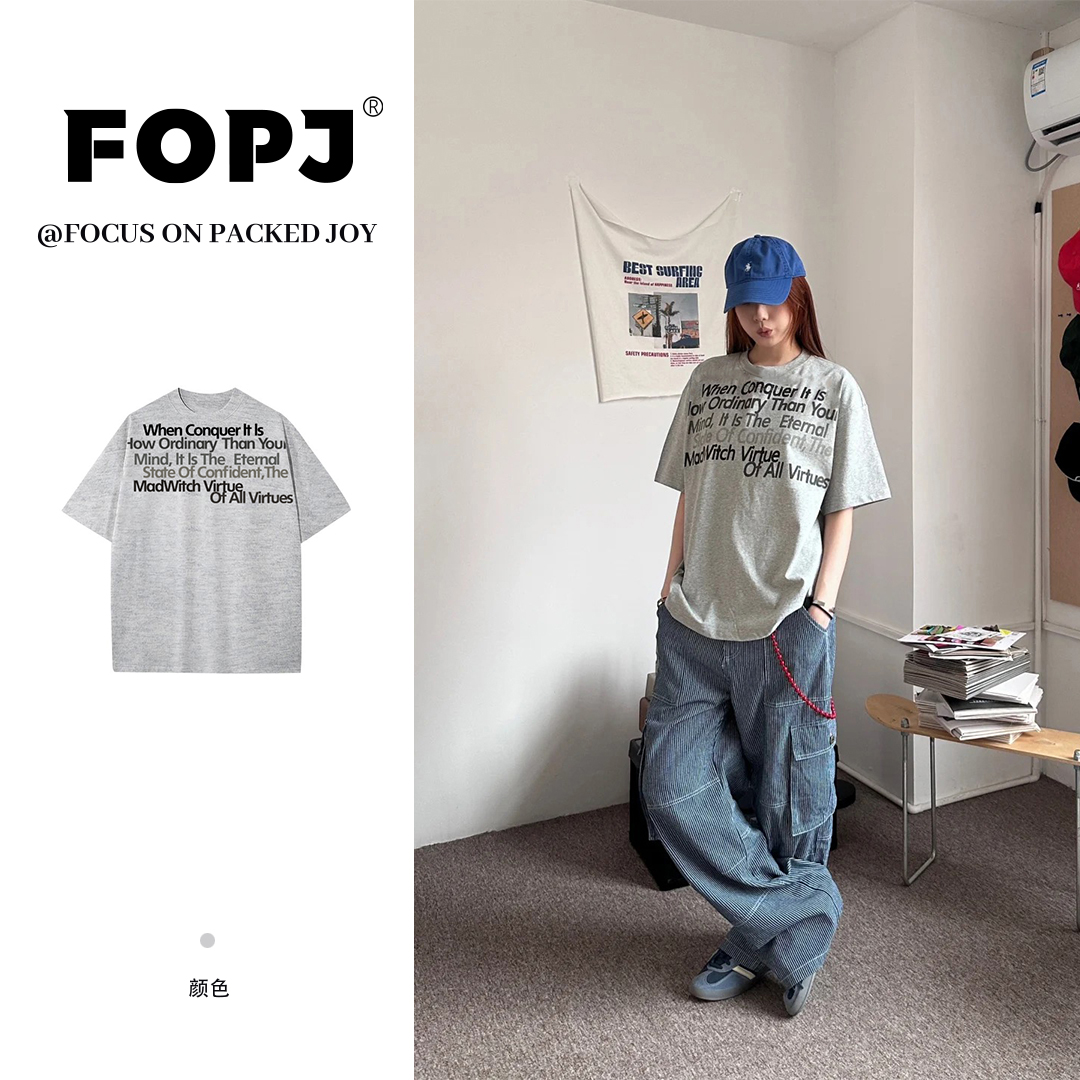 FOPJ夏季新款纯棉短袖t恤女美式高街学院风字母印花百搭显瘦上衣
