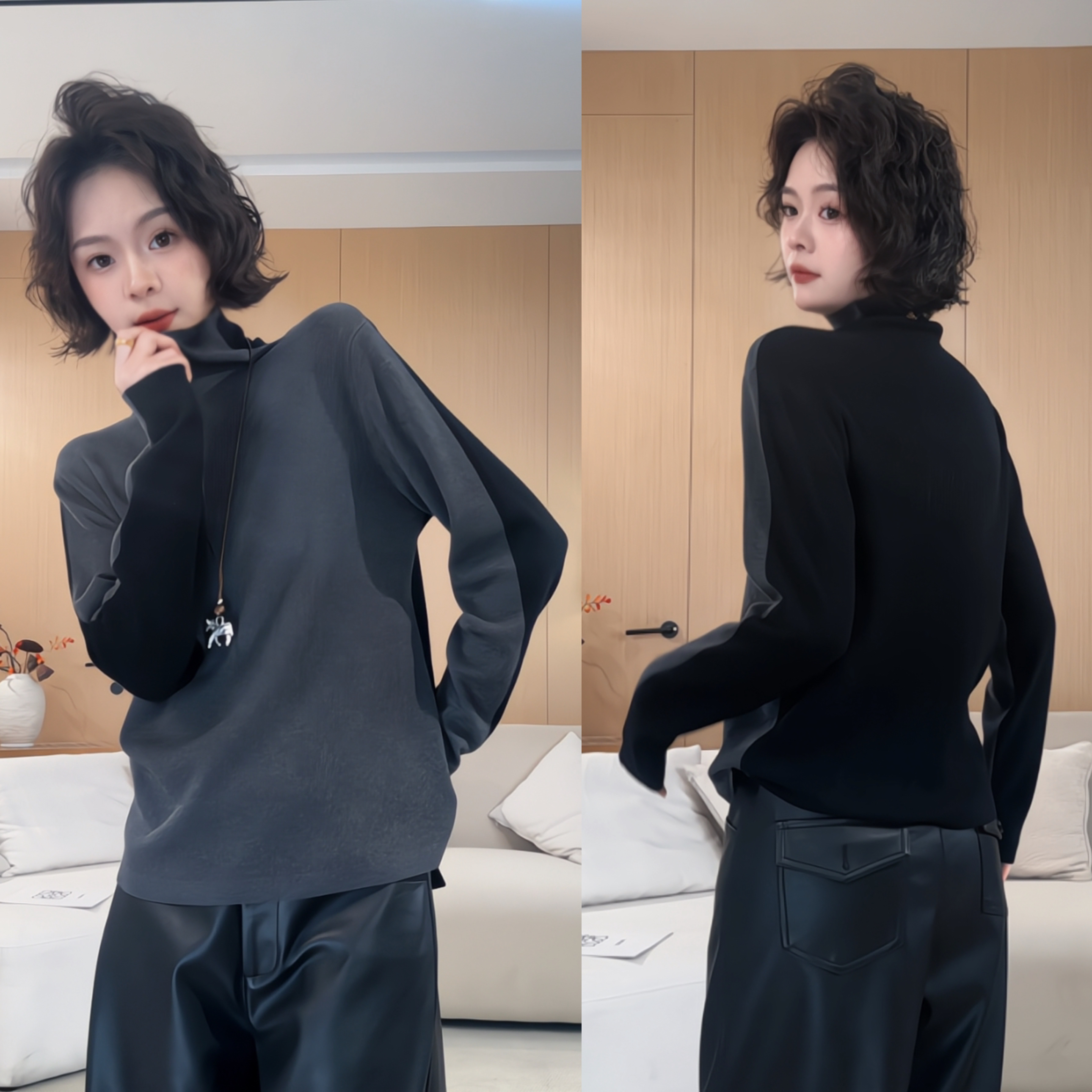 欧尼私服 2025冬款极简百搭AB面撞色正反两穿高领针织衫2512C8777