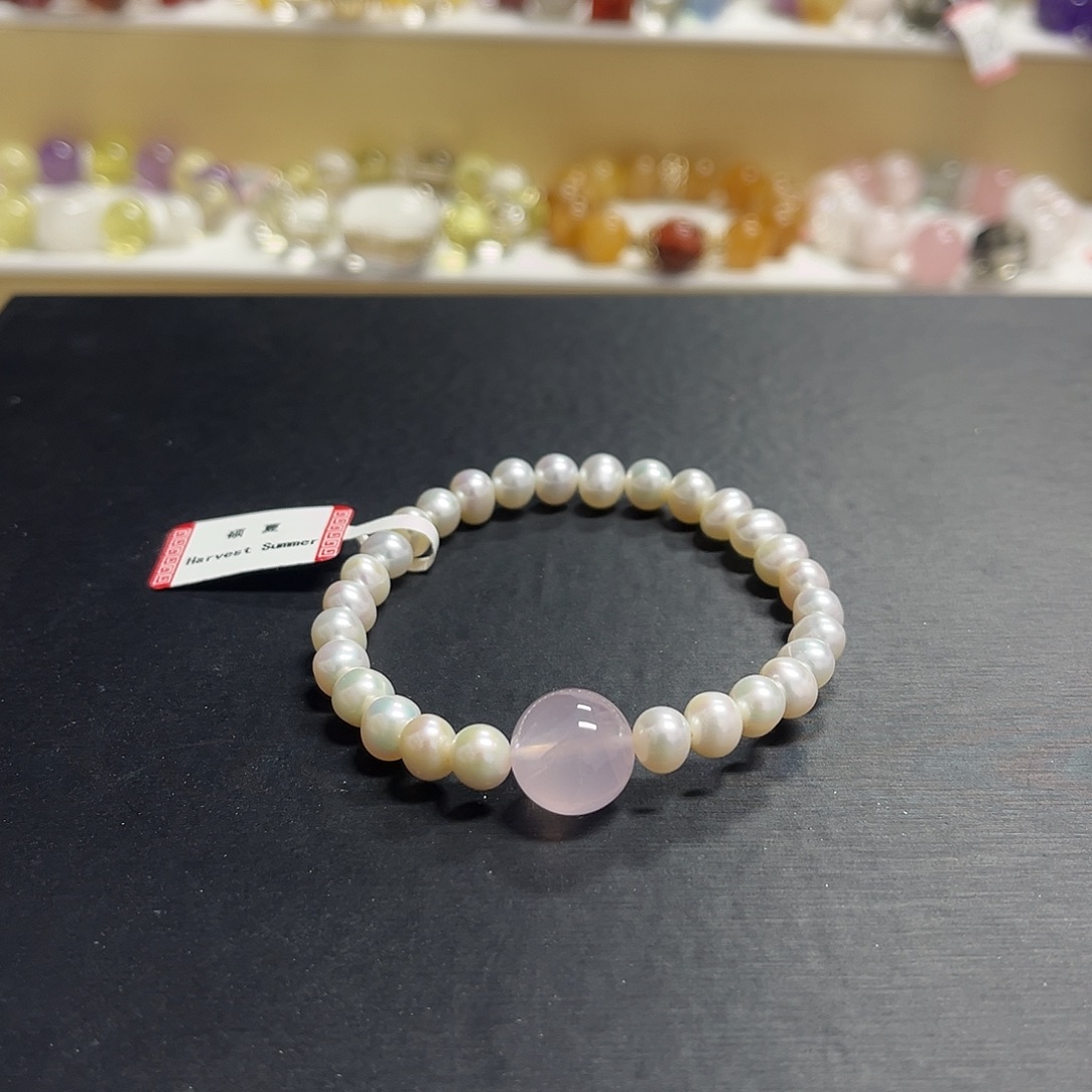 未镶嵌水晶手链粉水晶加淡水珍珠手串