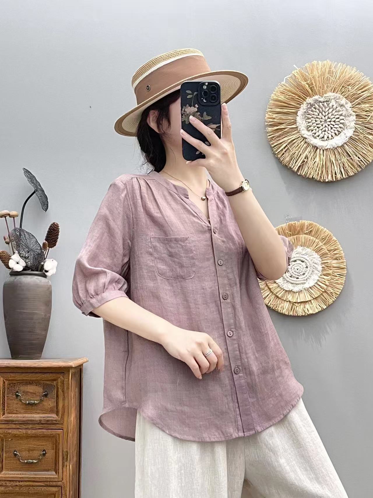 M-333夏季薄款小V领纯苎麻中袖衬衫女士百搭休闲宽松上衣