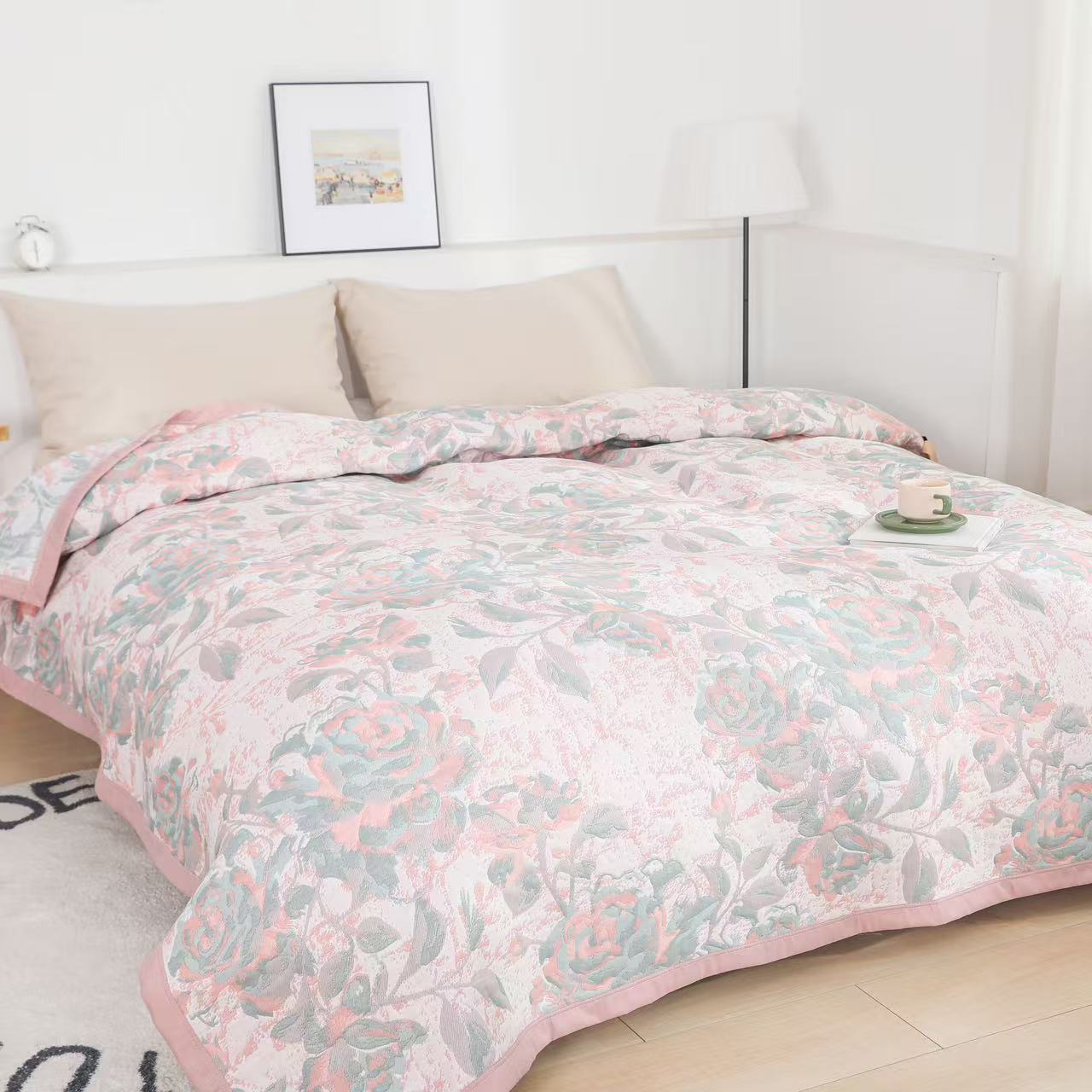 【盖毯】高奢亚麻睡眠毯软绵毯200*230cm  蔷薇一梦