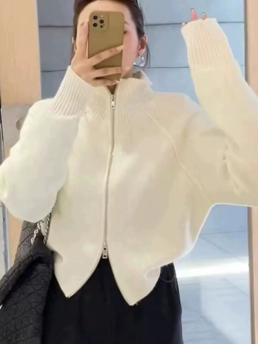 7526【衣长55】春秋针织开衫2025年新款双拉链长袖短款上衣外套
